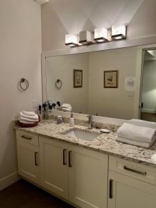 纳奈莫Ocean Melody Vacation Rooms的一间带水槽和大镜子的浴室