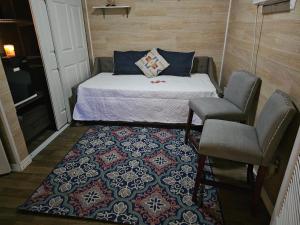 克里斯特尔里弗Private Residence Manatee Watch Den 3beds的一间小卧室,配有一张床和两把椅子