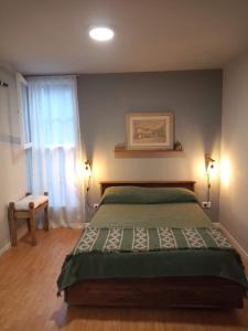 圣萨尔瓦多德朱Casa Olavarria的一间卧室设有一张绿色的床和一个窗户。