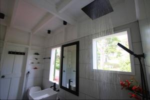 Saint MarySugar Mountain Cottage的一间带水槽和镜子的浴室以及窗户。