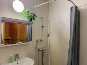 奥卢Tilava 2BR-huoneisto Saunalla的浴室配有盥洗盆和带镜子的淋浴