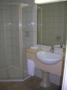 亚伯半岛汽车旅馆的浴室配有盥洗盆和带镜子的淋浴