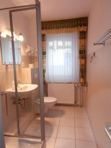 奎德林堡加尼祖金戒指酒店的带淋浴、卫生间和盥洗盆的浴室