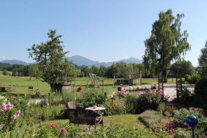 格拉本斯塔特斯特凡努蒂霍夫酒店的鲜花盛开的花园以及位于后面的游乐场