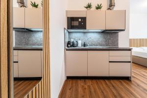 布尔诺Design Apartments Lužánky的厨房配有白色橱柜和水槽