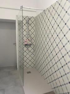 凡尔赛B&B rue Royale Versailles的带淋浴的浴室(带瓷砖墙)