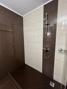 DelchevoGalabova Guest House的浴室铺有棕色和白色瓷砖,设有淋浴。