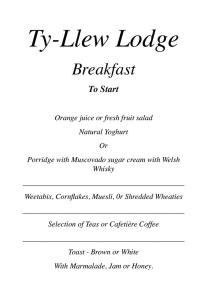 阿伯加文尼Ty Llew Lodge的餐厅菜单的一页