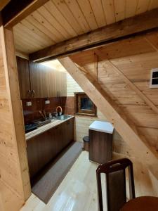 尼什Sicevacka Bajka的小木屋内的厨房的顶部景色