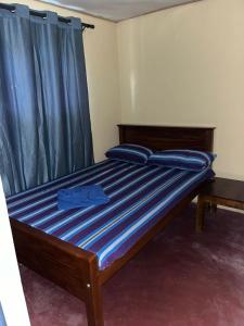 高尔ORENDA ECO LODGE & SPA的一张带蓝色床单和蓝色窗帘的床