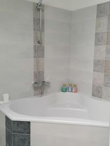 Soisy-sur-ÉcoleChez Marylene的浴室设有带淋浴的白色浴缸。