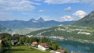 塞利斯贝格Gemütliche Wohnung in Seelisberg的享有山谷、湖泊和山脉的美景。