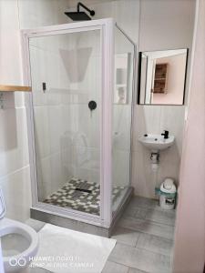UitenhageHEBA GUEST LODGE的带淋浴、卫生间和盥洗盆的浴室