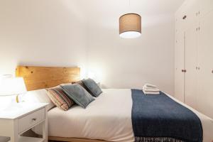 马拉加Malaga Center Flat Soho Modern 2BR的一间卧室配有一张白色的床和蓝色的毯子