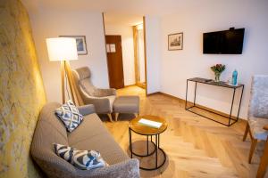 施马伦贝格佳德豪斯维泽酒店的客厅配有沙发、椅子和电视
