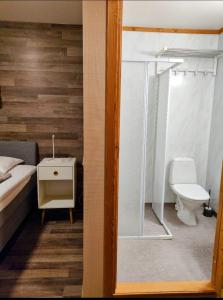 StrandeKvitfjell Hotel的一间带卫生间和玻璃淋浴间的浴室