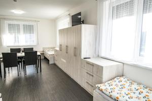 洪波莱茨Penzion Fann的客房设有带桌子和橱柜的卧室。