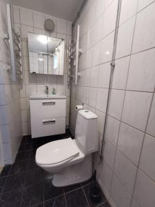 韦斯特维克Västervik rum & Stugor的白色的浴室设有卫生间和水槽。