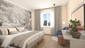 SchwörstadtBoutiquehotel Drei Ringe的白色的卧室设有一张大床和一个窗户