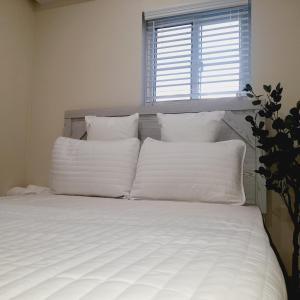 拿骚Villa By The Bay的白色的床、白色枕头和窗户