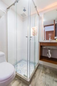 波哥大Hotel Casa Botero 102的一间带卫生间的浴室内的玻璃淋浴间