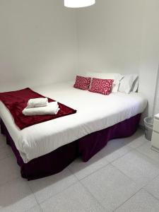 卡塔罗哈Habitación por días的白色的床和红色和白色的枕头