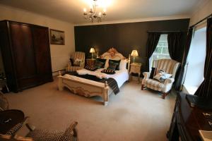 皮克林High Dalby House的一间卧室配有一张床、椅子和吊灯