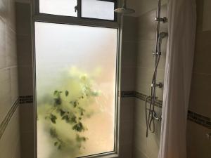 阿鲁沙Bird of Paradise Eco Lodge的浴室里设有玻璃门淋浴