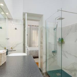 雅典Plaka Sofi Suite的带淋浴的浴室和玻璃门