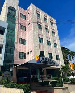 巴兰基亚Hotel Caribe Plaza Barranquilla的一座大型粉红色建筑,上面有酒店