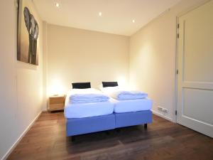 泽伊德沃尔德Vrijzicht的一间卧室配有一张蓝色脚板床