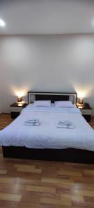 库塔伊西Hotel Max Comfort的一间卧室配有一张带两盏灯的大型白色床。