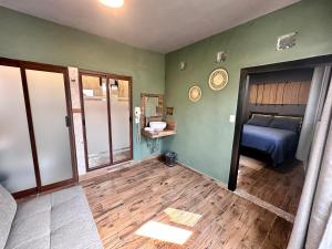 瓜纳华托Hotel Spa Casa del Sol的一间设有绿色墙壁和一张床的客房,铺有木地板