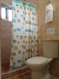 潘丹L&L Beach Resort的一间带卫生间和淋浴帘的浴室