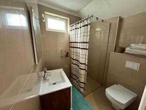 锡比乌Real home 1的一间带水槽、淋浴和卫生间的浴室