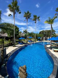 金巴兰Balangan Surf Resort的一座拥有蓝色海水和棕榈树的大型游泳池