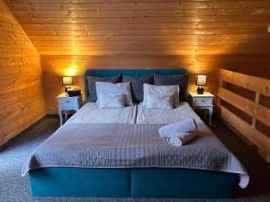 加茨比亚格拉Resort EDEN - domki, pokoje, apartamenty的一间卧室配有一张蓝色的床、两张桌子和两盏灯。