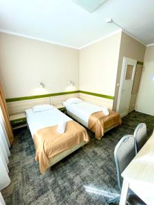 华沙爱姆卡旅馆的配有2张椅子的客房内的2张床