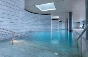 瑞吉卡尔巴德瑞吉卡尔巴德瑞士优质酒店的蓝色建筑中的游泳池