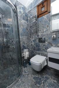 伊斯坦布尔Sareban Hotel Istanbul的带淋浴、卫生间和盥洗盆的浴室