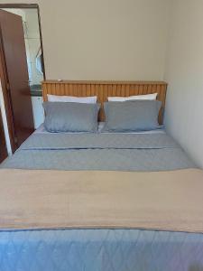 加拉尼温斯Apartamento Lótus Ar Cond Pertinho FIG e Centro的一张带蓝色床单和枕头的床