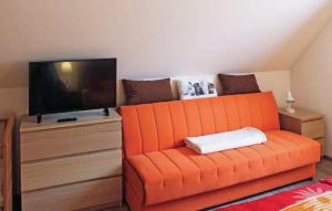 Neuhaus1 Bedroom Lovely Apartment In Dierhagen ostseebad的坐在电视机前的橙色沙发
