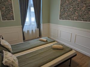 陶波尔曹Classic Deluxe Tapolca的带窗户的客房内的两张床