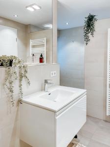 曼海姆namastay! City-Apartment mit Blick auf den Wasserturm的白色的浴室设有水槽和镜子