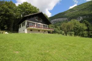 NancesComfortable Chalet - View of Lake Aiguebelette的草山顶上的房子