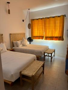 瓦哈卡市Santa Cecilia Hotel的酒店客房设有两张床和窗户。