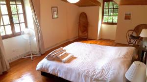 CellesSpacious holiday home with pool in pretty village的一间卧室配有一张带风扇和窗户的床。