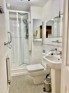 波尔佩罗The Cottage Bed & Breakfast的带淋浴、卫生间和盥洗盆的浴室