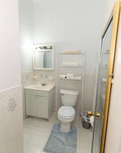 纽约Comfortable One Bedroom Apartment的白色的浴室设有卫生间和水槽。