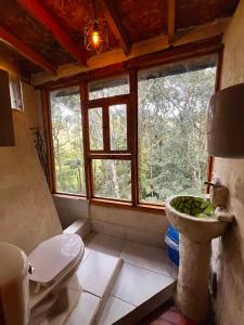 麦德林La Cabaña Musical的浴室设有窗户、水槽和卫生间。